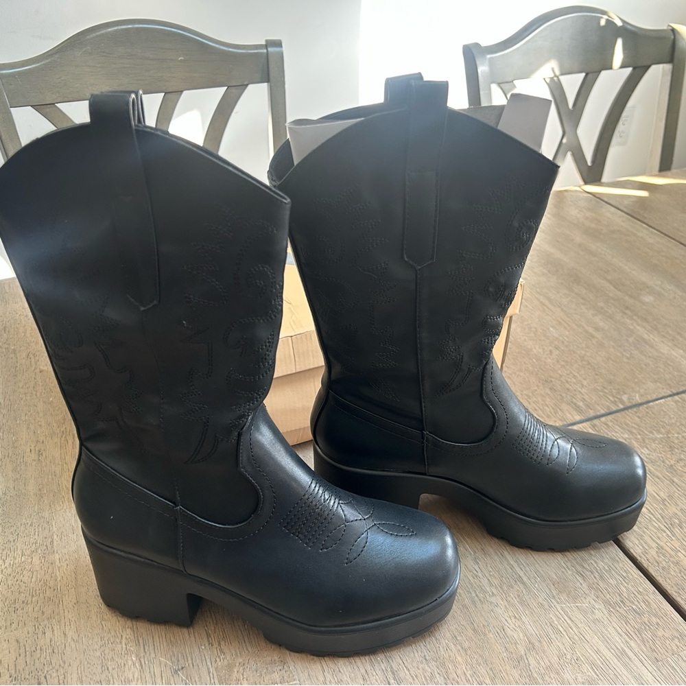 NWT Koi Footwear WINTU ND90 Long Chunky Western Boots Black Vegan Platform UK 7